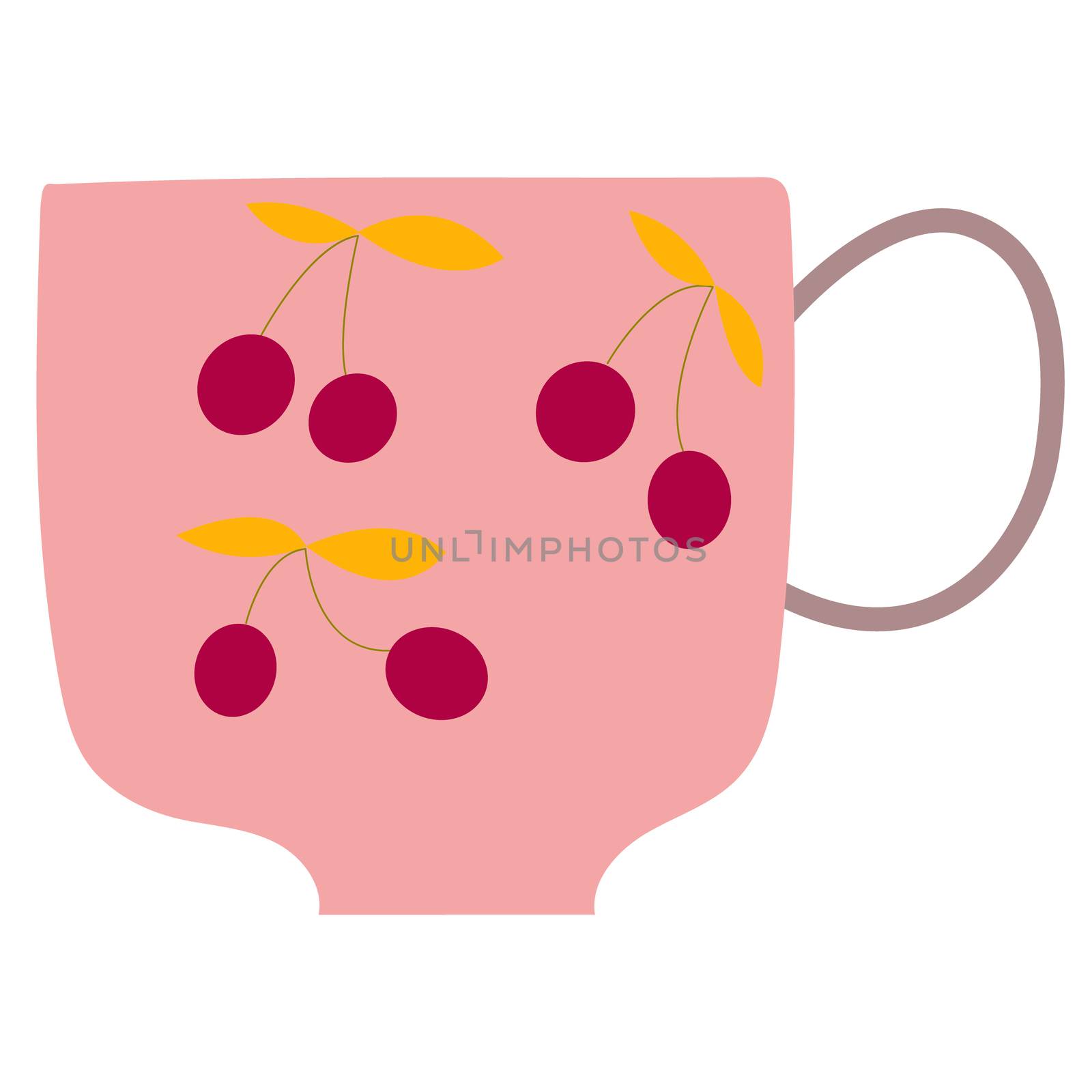 Retro pink tea cup with cherry decor isolated on white background. Flat cartoon style. Vector Illustration.