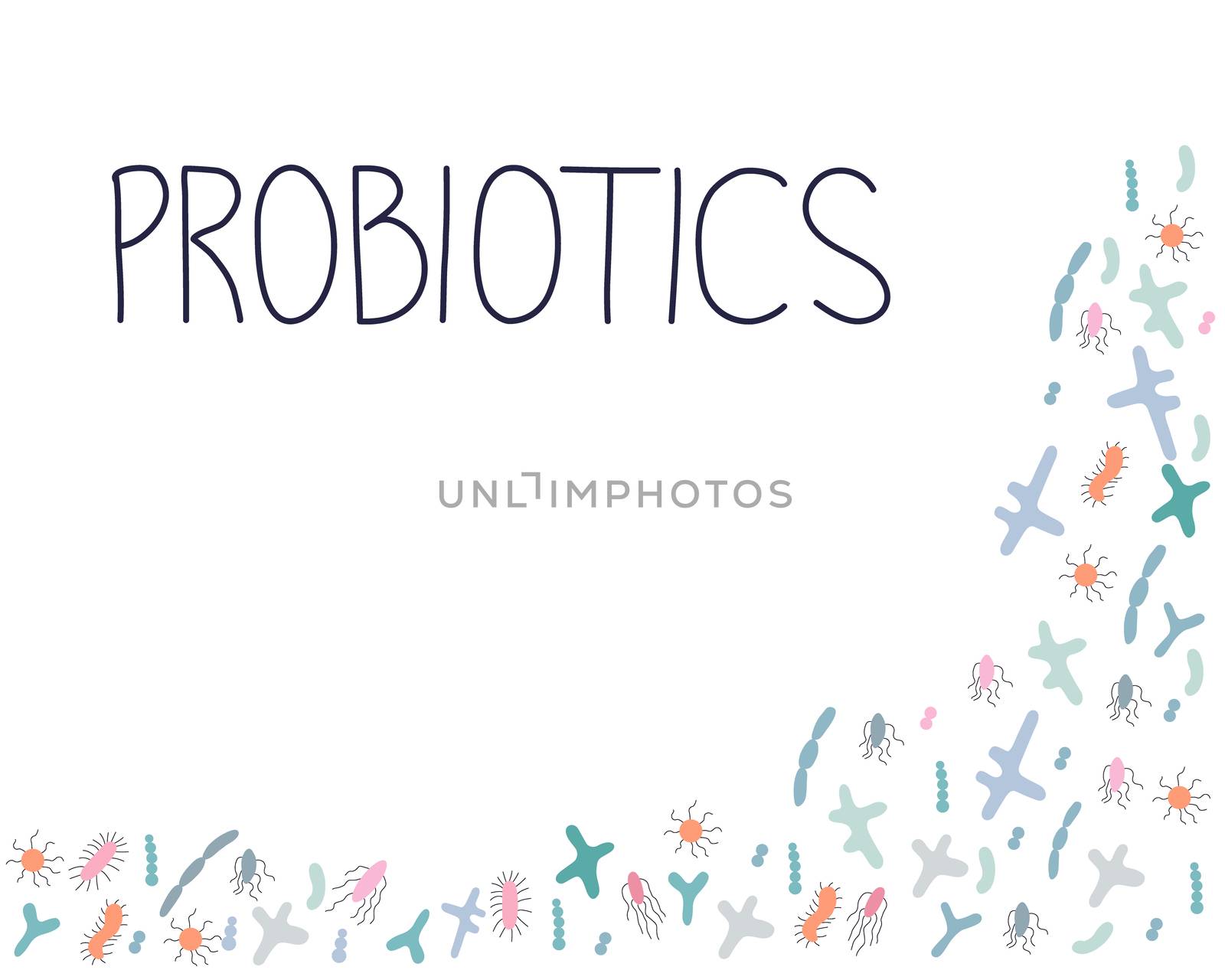 Background with good microorganisms and probiotics note. Probiotics health benefits concept. Vector illustration in flat cartoon style.