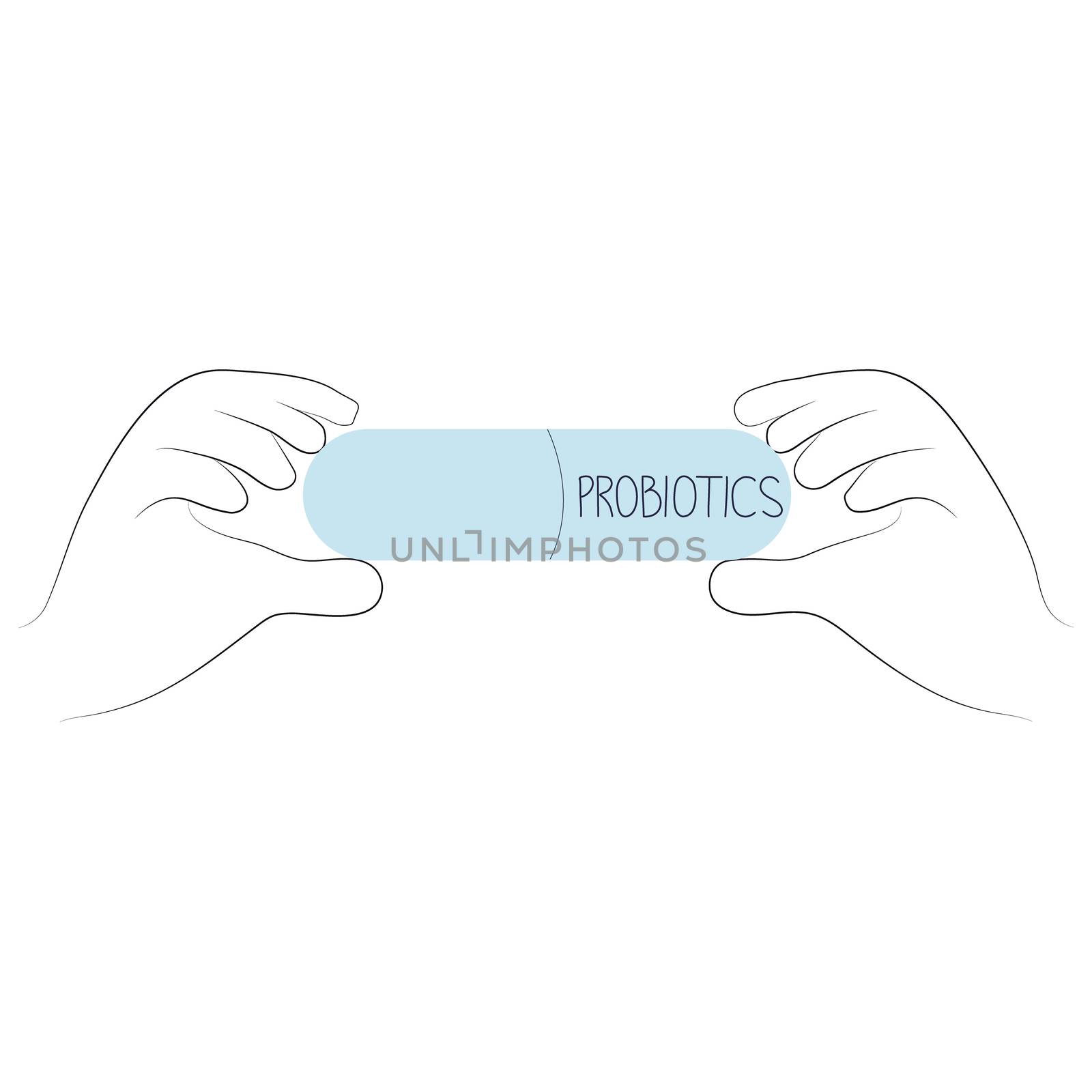 Hands holding a capsule with note probiotics in outline style illustration. Good microorganisms concept. Vector illustration isolated on white background.