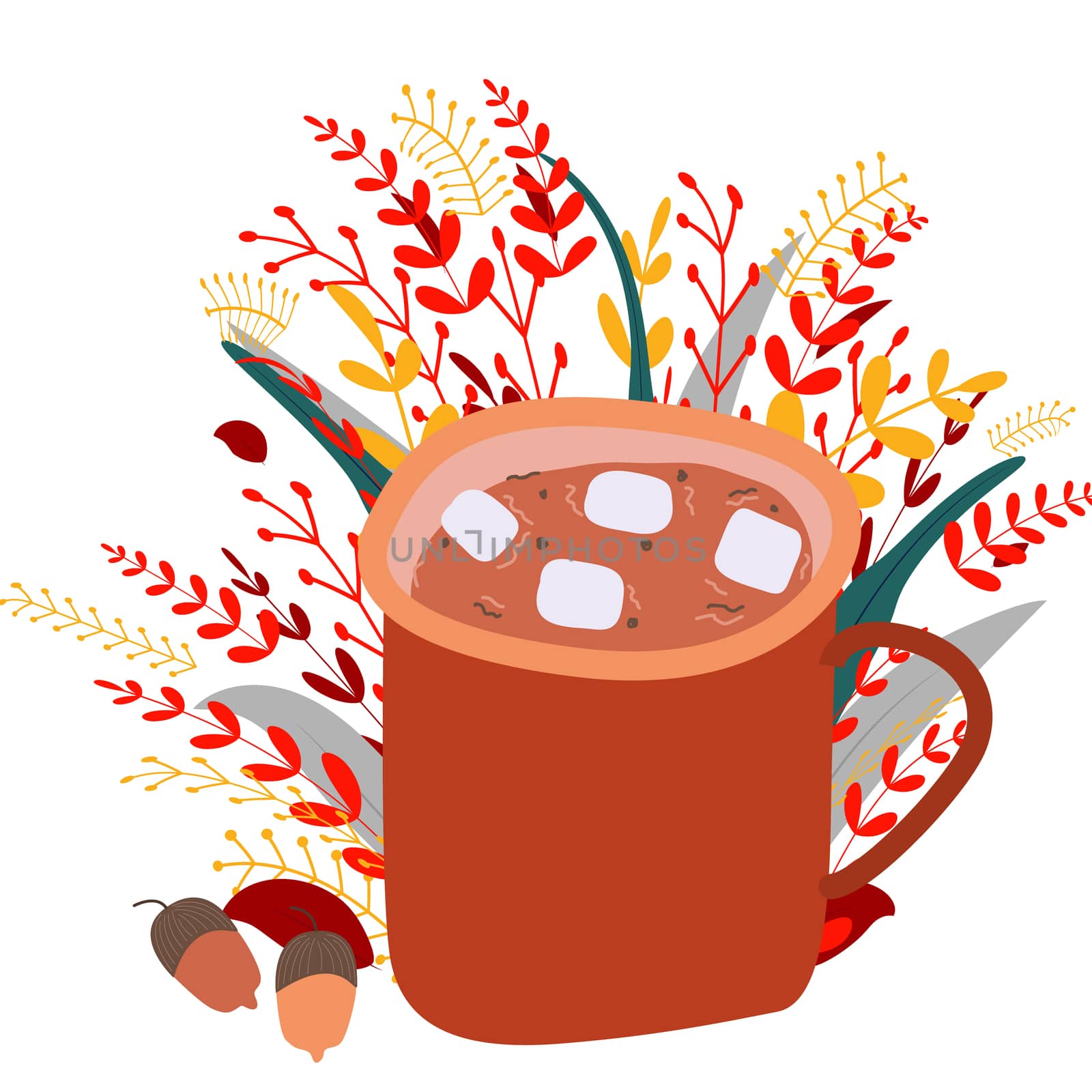 Orange enamel mug with hot chocolate and white marshmallows. Autumn bright foliage and acorn background. for halloween party, thanksgiving. Vector illustration