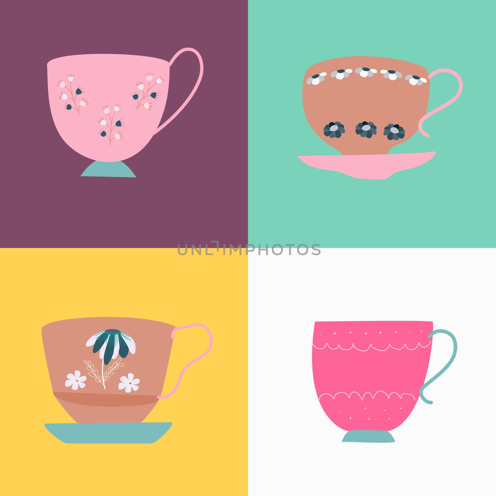 Collection of pink and brown retro tea cups with saucer and floral decor. Flat cartoon style. Vector Illustration.