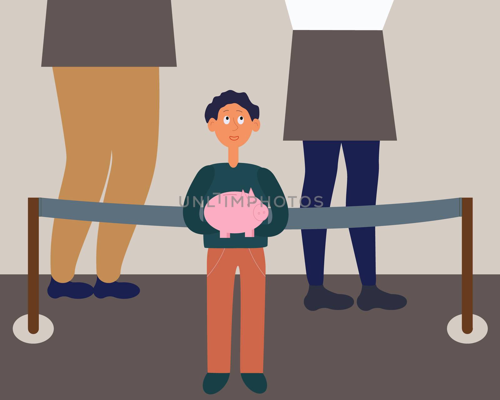 Little child with piggy moneybox savings in Bank queue. Child finance education concept. Flat cartoon style. Vector illustration