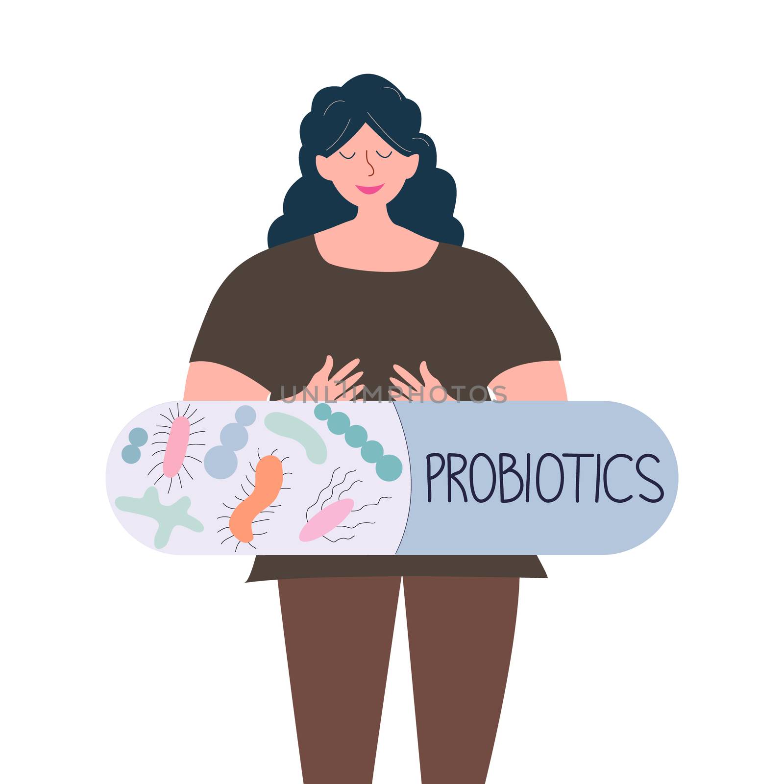 Woman holding a capsule with note probiotics in outline style illustration. Good microorganisms concept. Vector illustration isolated on white background.