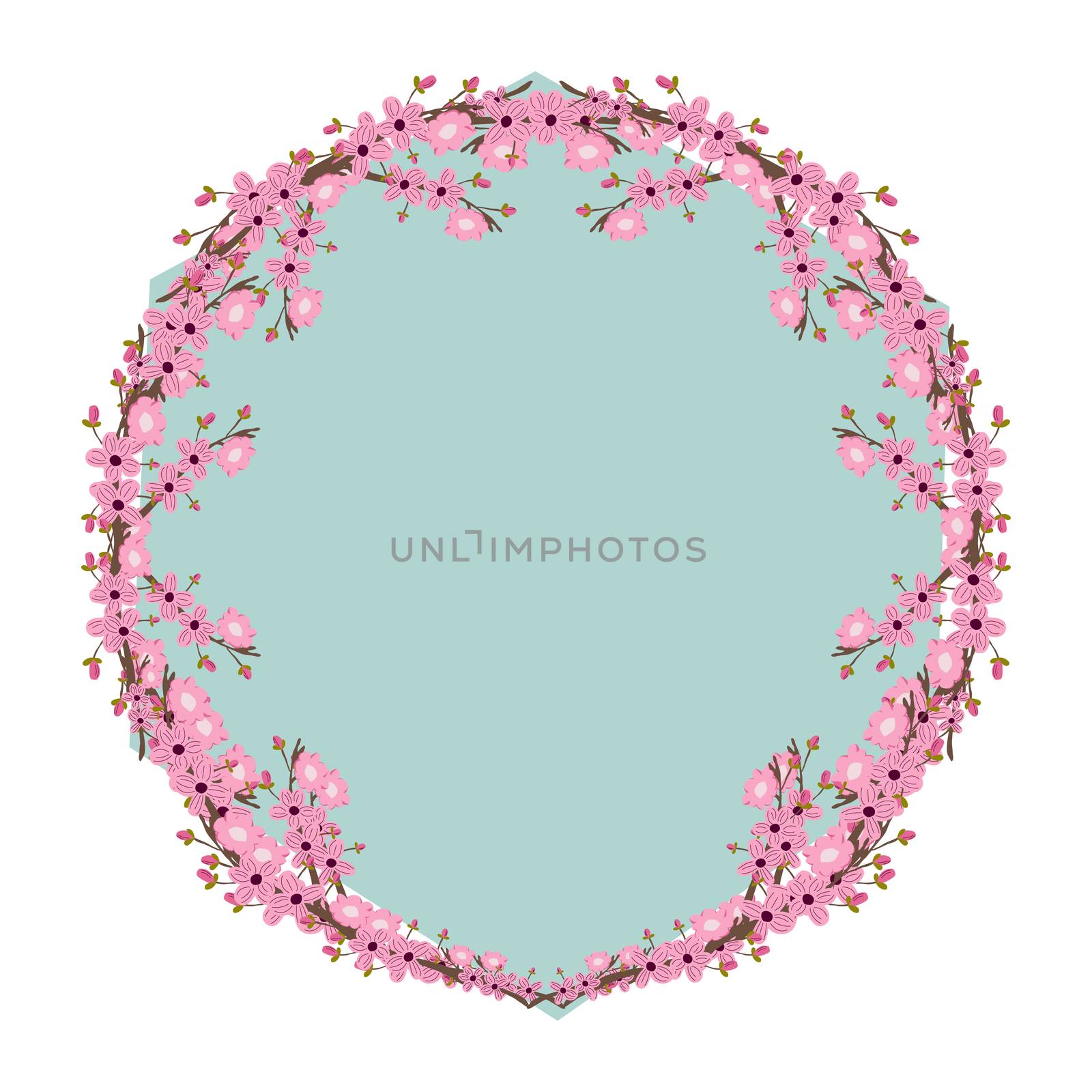 Round frame with pink cherry blossom flowers. Floral circle with space for text. Vector illustration