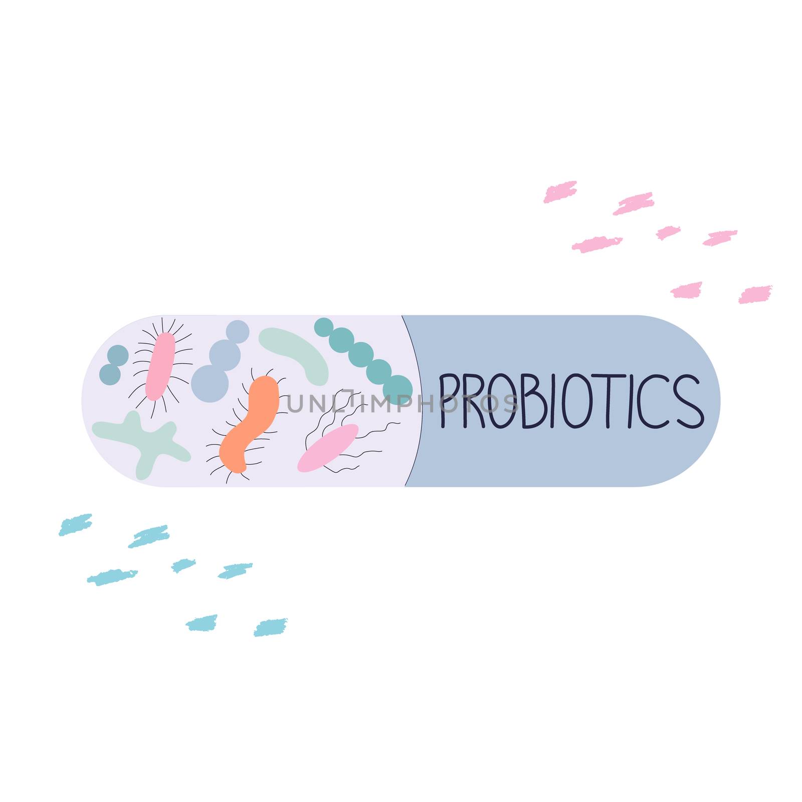 Capsule with good microorganisms and note probiotics in outline style illustration. by Nata_Prando