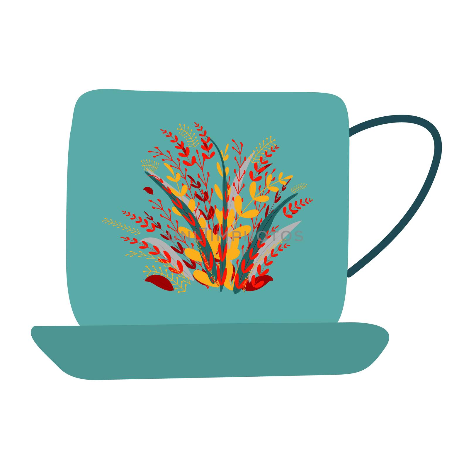 Retro blue tea cup with orange leaves decor. by Nata_Prando