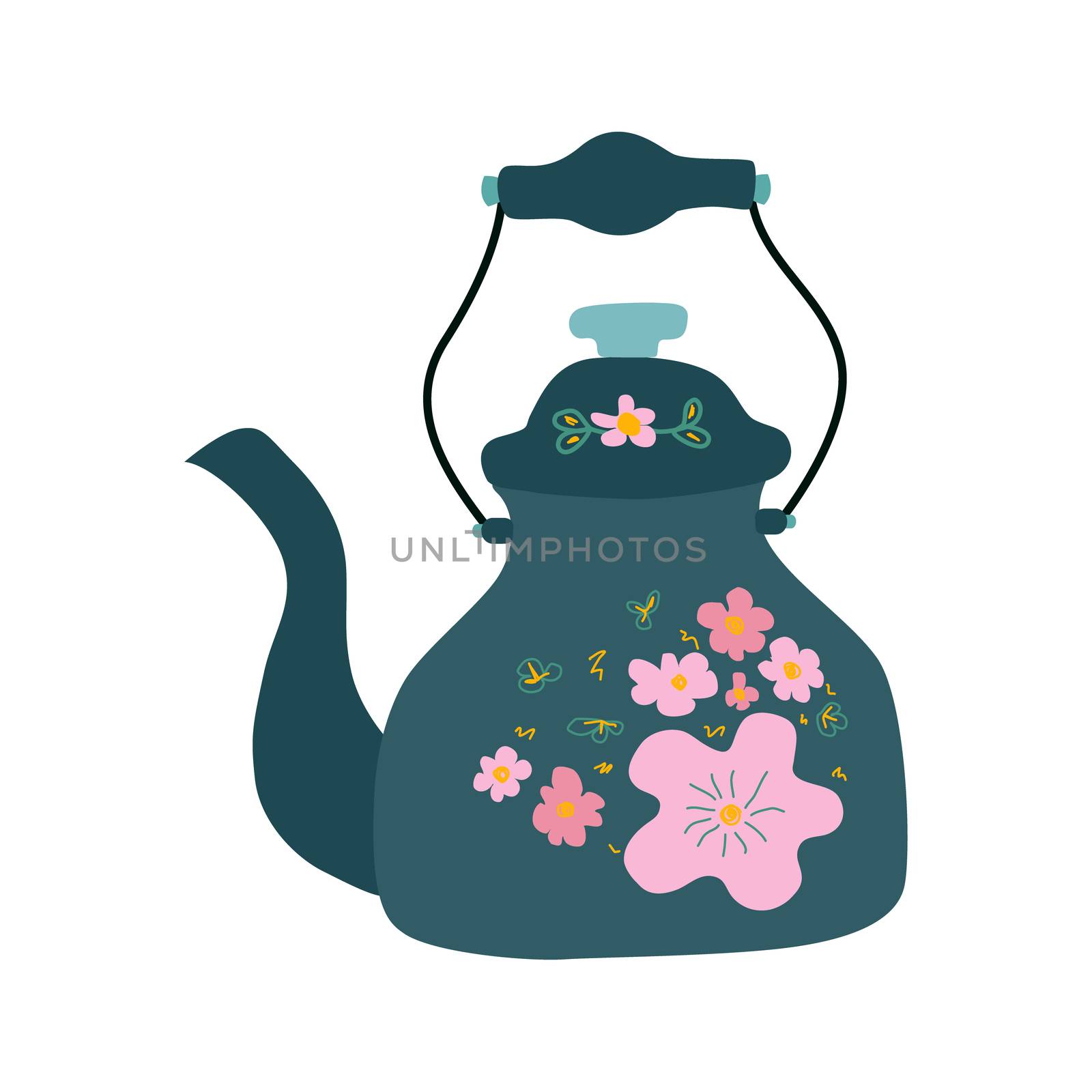 Retro kettle teal color with pink floral decor. Isolated on white background. Flat cartoon style. Vector Illustration.
