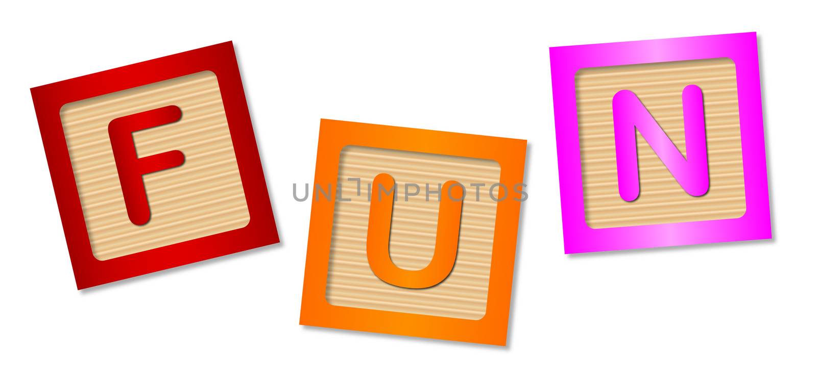 The word fun made up from wooden blocks over a white background