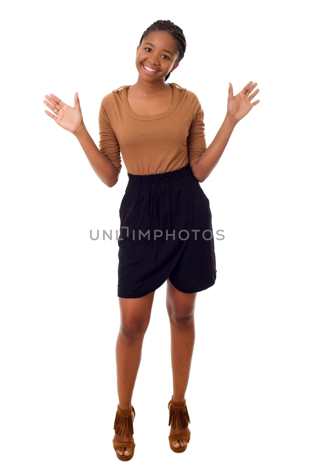 Happy african girl full length isolated on white background