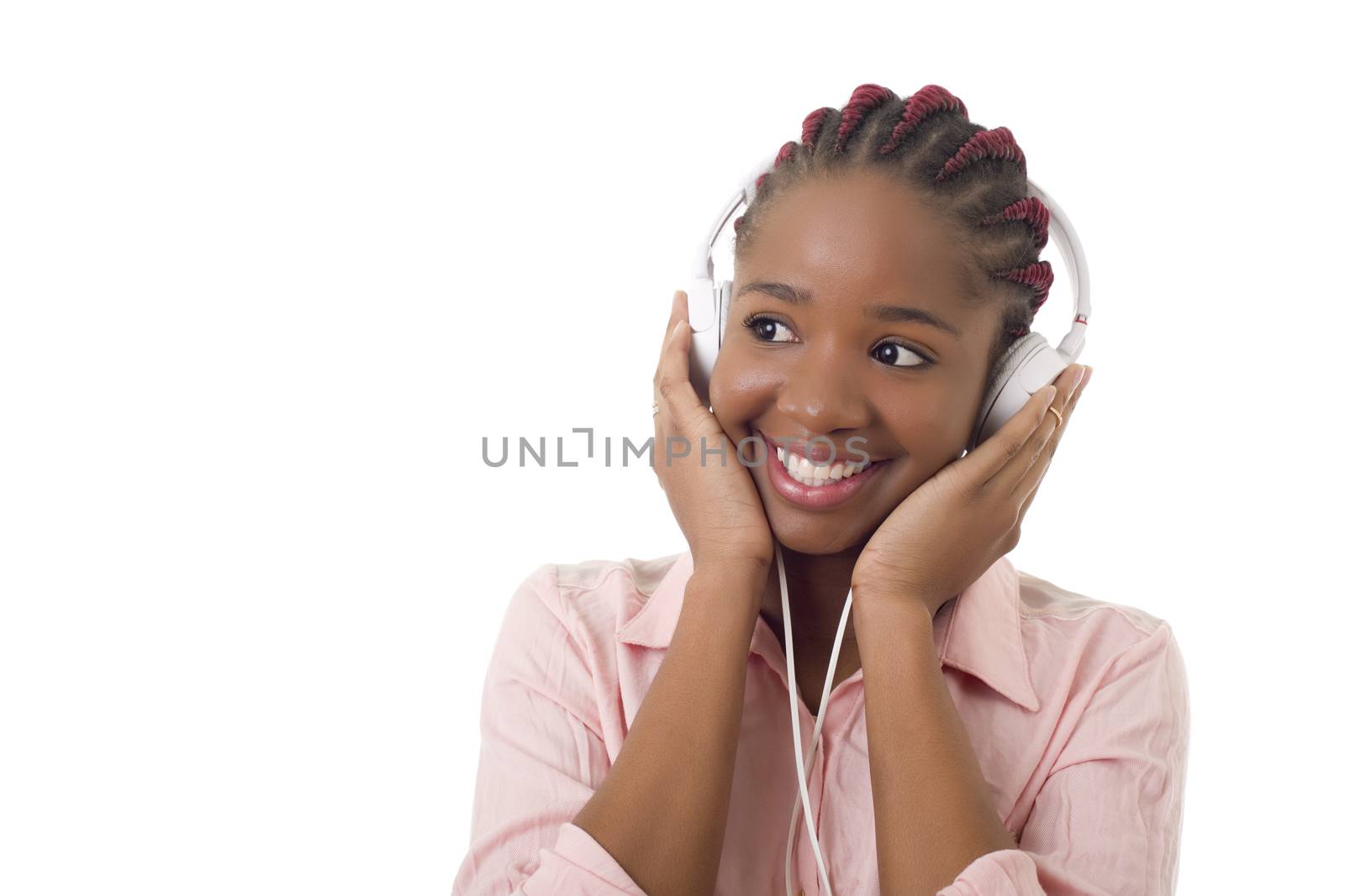 beautiful young afro woman listening music, isolated