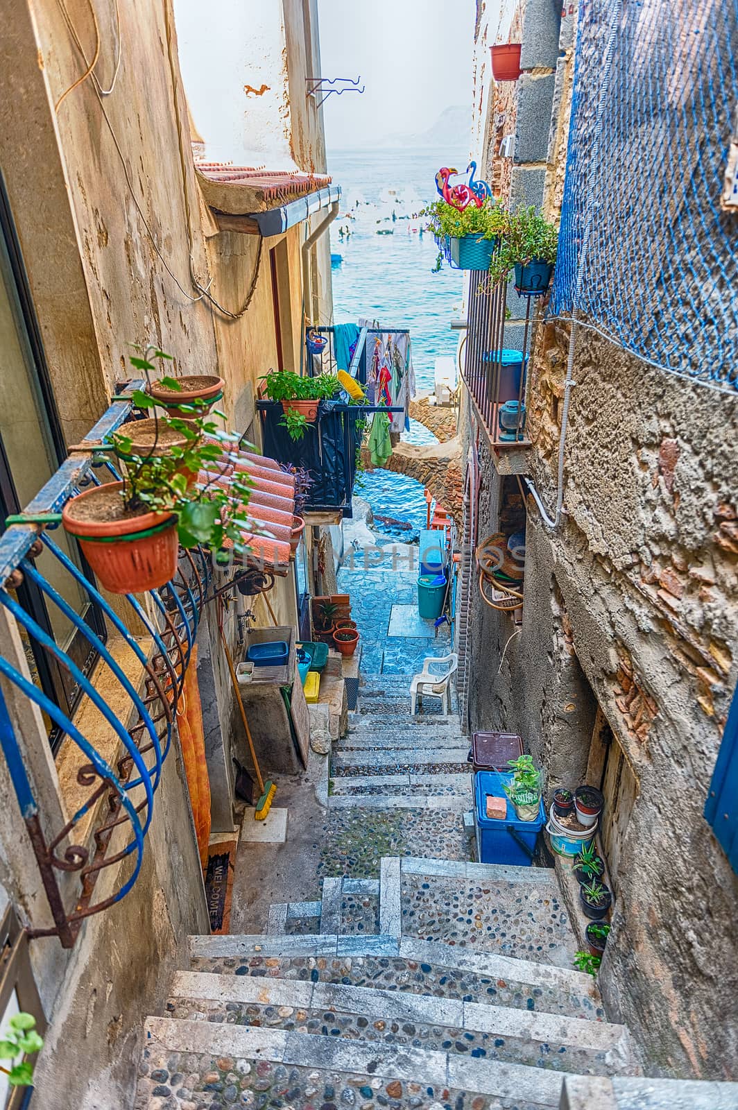 Picturesque streets and alleys in the seaside village of Chianalea, fraction of Scilla, Calabria, Italy