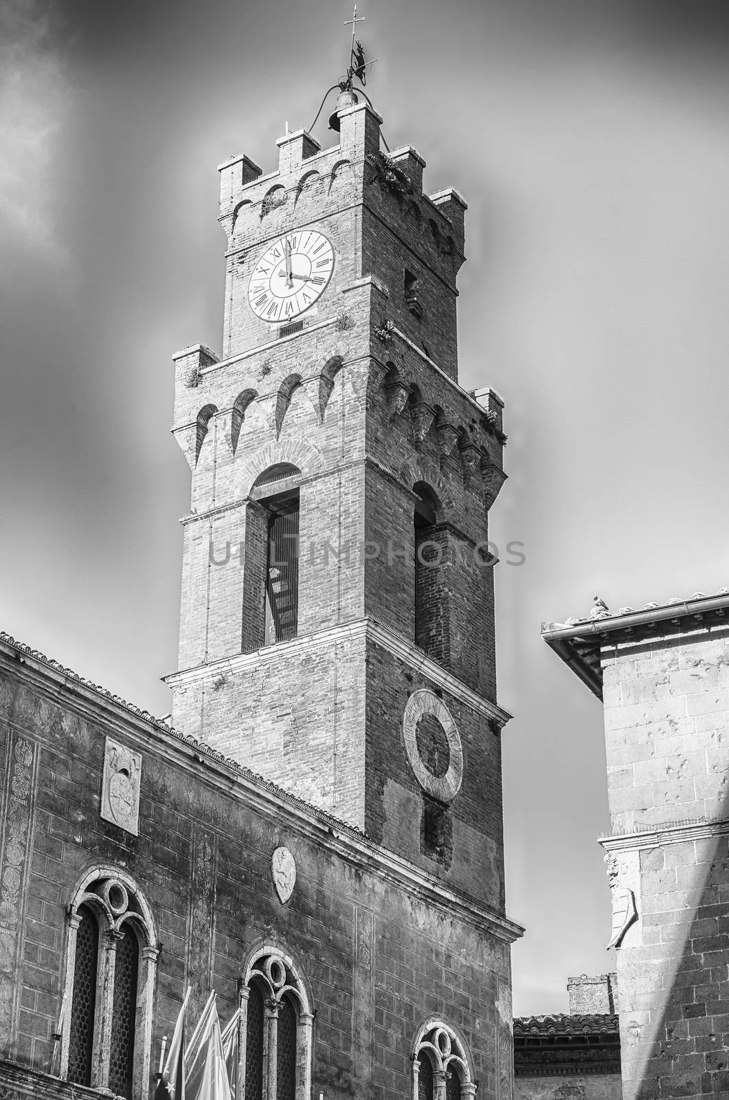 Clocktower of the Town Hall of Pienza, Tuscany, Italy. It is located in Piazza Pio II, the pope whose name was given to the city: Pienza means in fact "City of Pius"