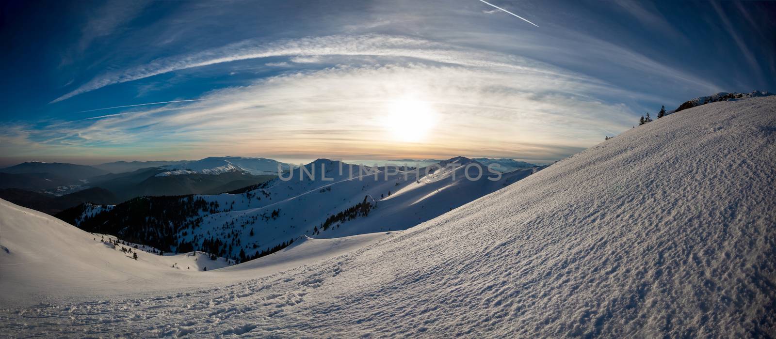 Panoramic view of Mount Ciucas on winter, part of Romanian Carpathian Range