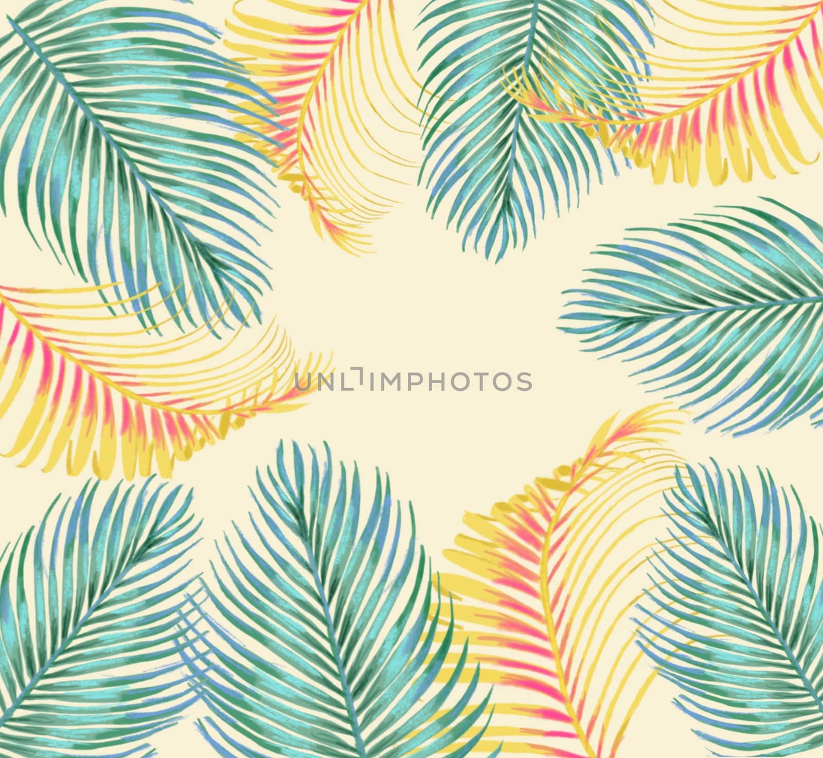 Frame of tropical palm leaves. Palm tree leaves background template. Tropical greeting card.