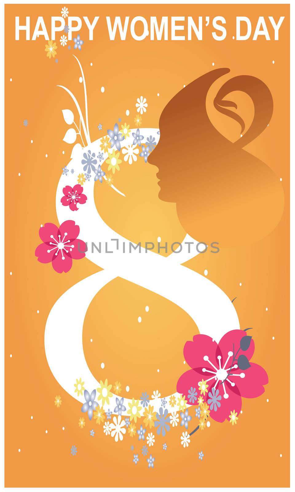 women day invite with date, flowers and abstract lady