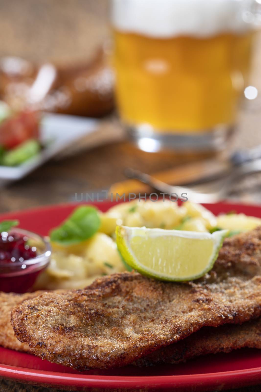 wiener schnitzel with potato salad on a plate