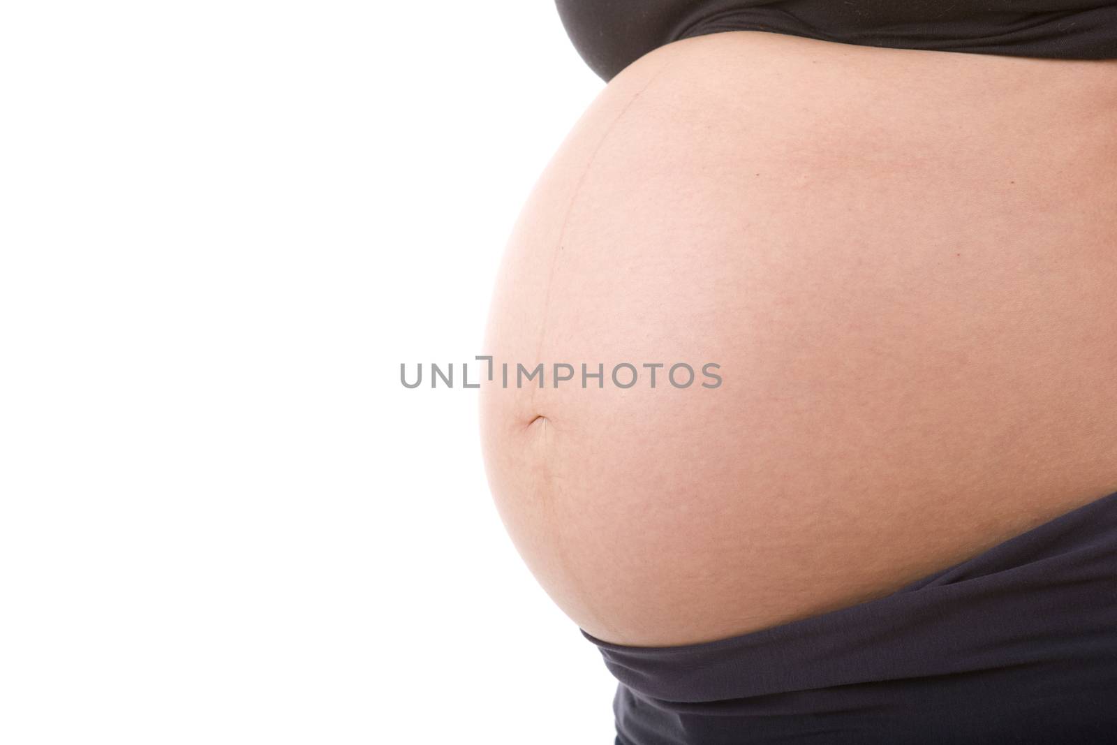Closeup of pregnant woman at white background