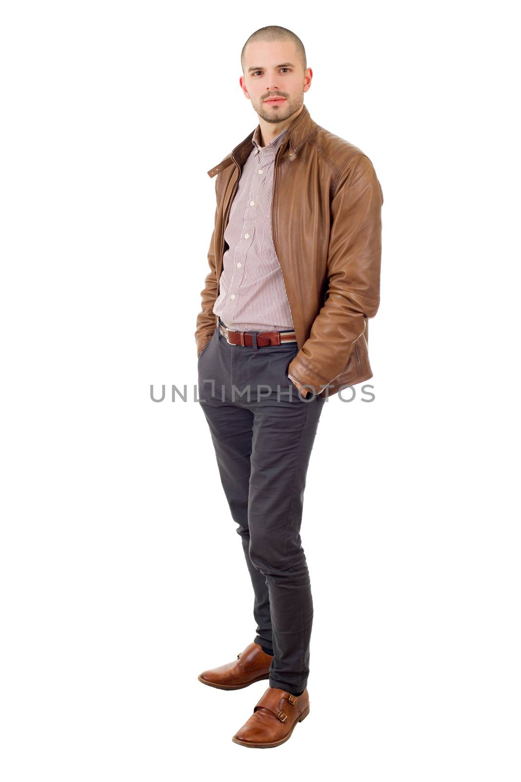 young casual man full body in a white background