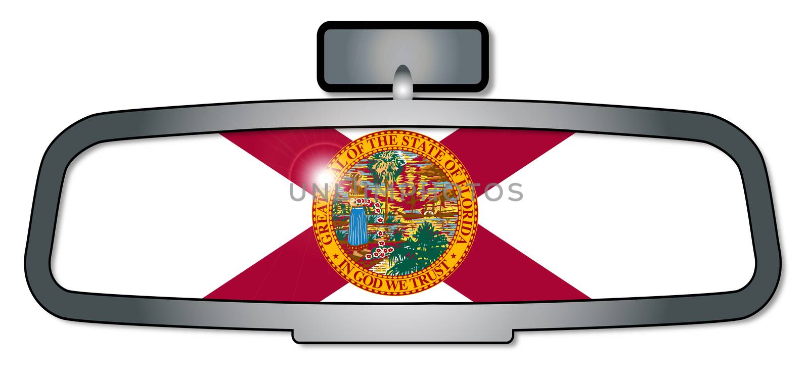 A vehicle rear view mirror with the flag of the state of Florida
