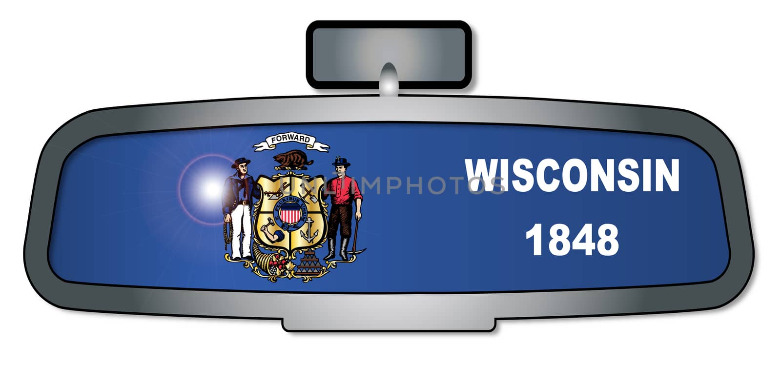 A vehicle rear view mirror with the flag of the state of Wisconsin
