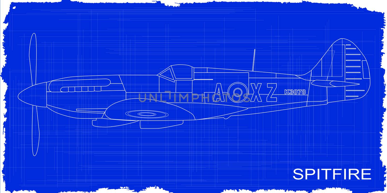 A Supermarine World War II Spitfire Mark XIV fighter plane as a blueprint