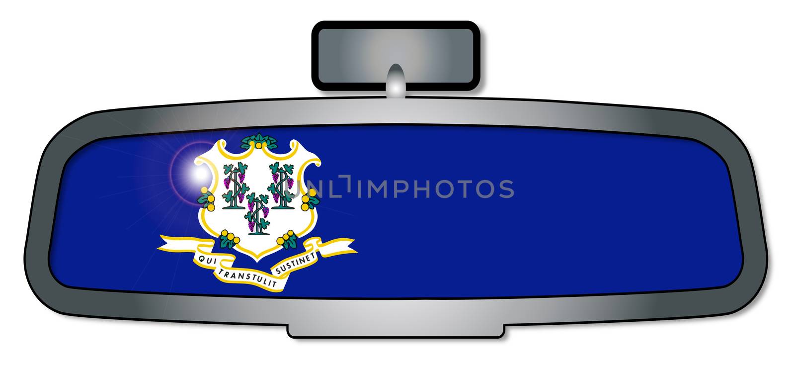 A vehicle rear view mirror with the flag of the state of Connecticut