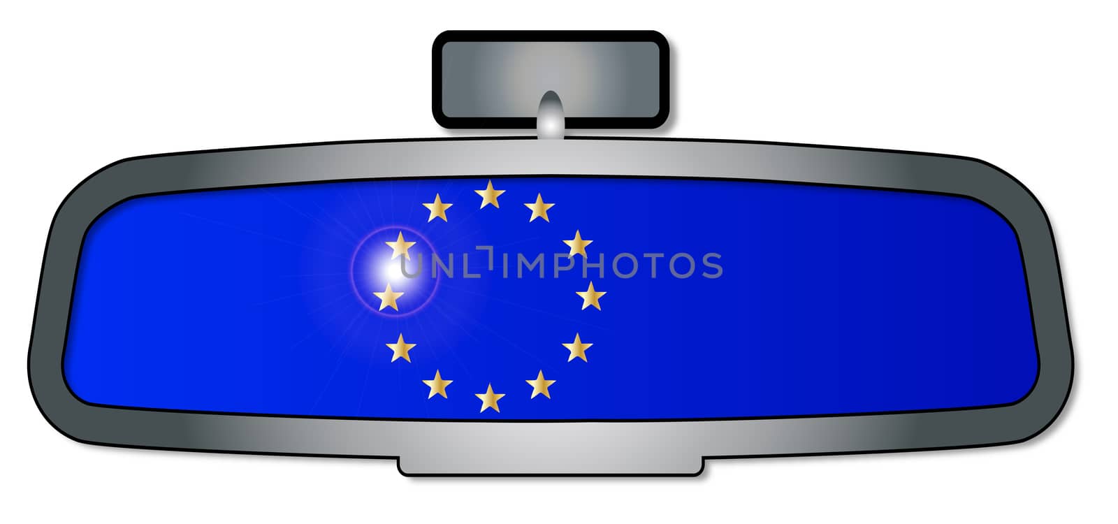 A vehicle rear view mirror with the flag of the EU