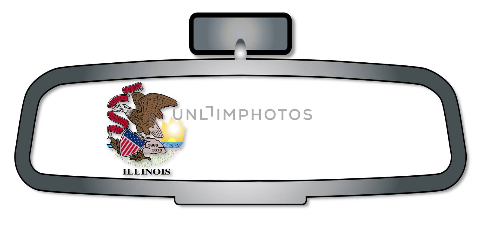 A vehicle rear view mirror with the flag of the state of Illinois