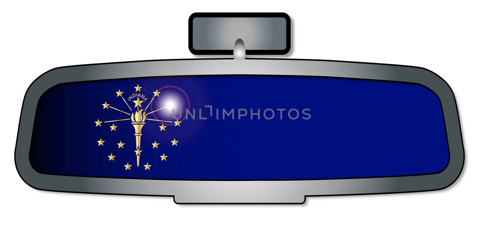 A vehicle rear view mirror with the flag of the state of Indiana