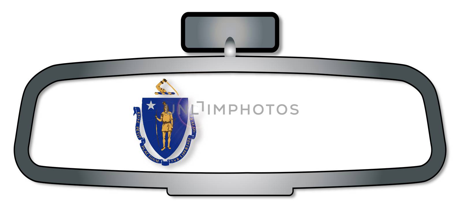 A vehicle rear view mirror with the flag of the state of Massachusetts