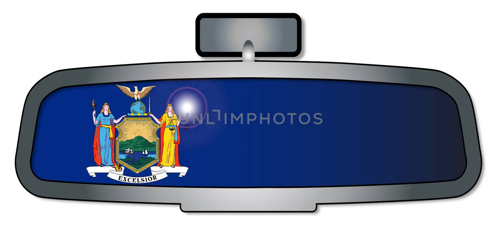 A vehicle rear view mirror with the flag of the state of New York