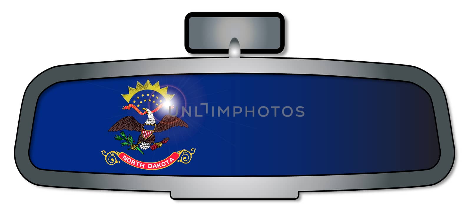 A vehicle rear view mirror with the flag of the state of North Dakota