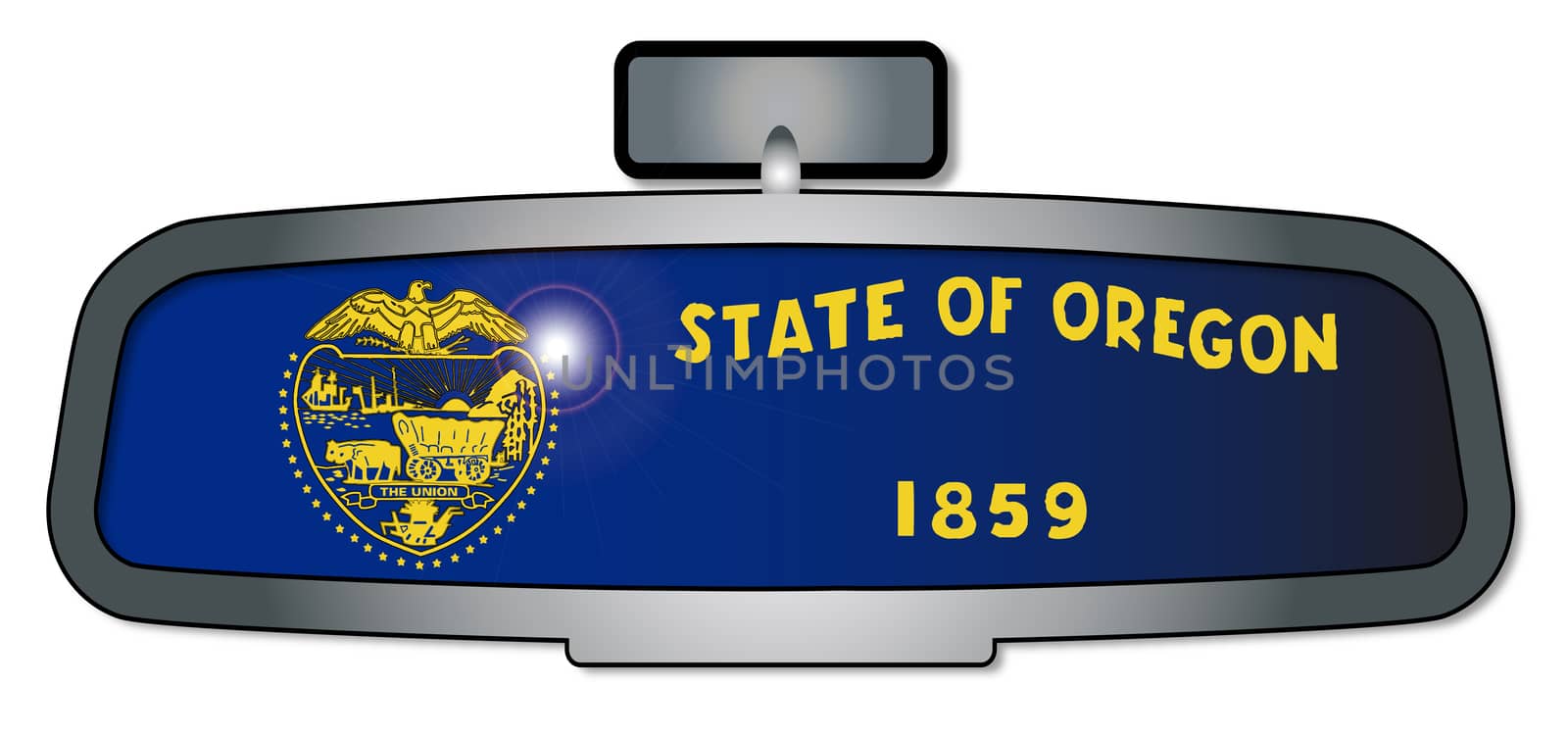 A vehicle rear view mirror with the flag of the state of Oregon
