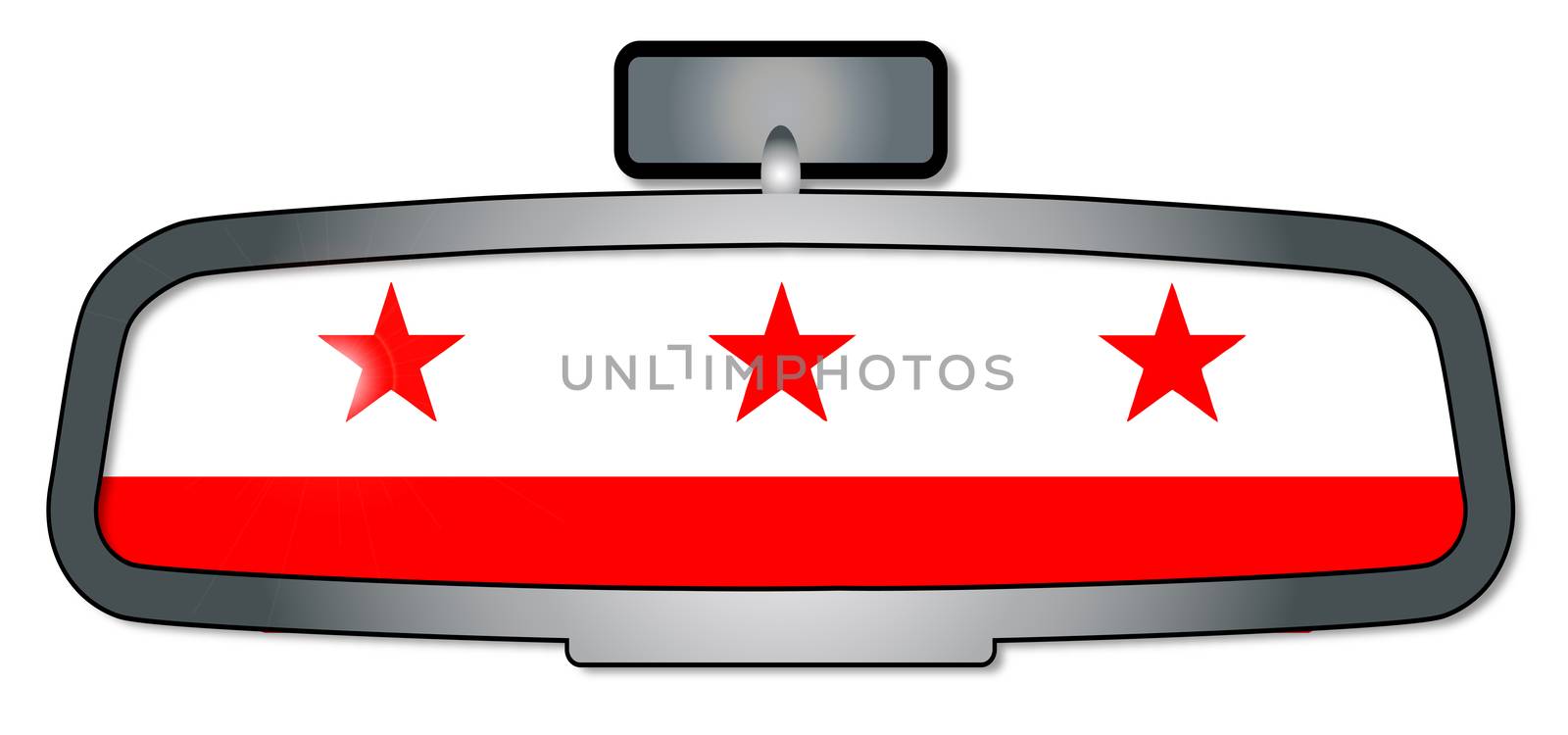 A vehicle rear view mirror with the flag of Washington DC