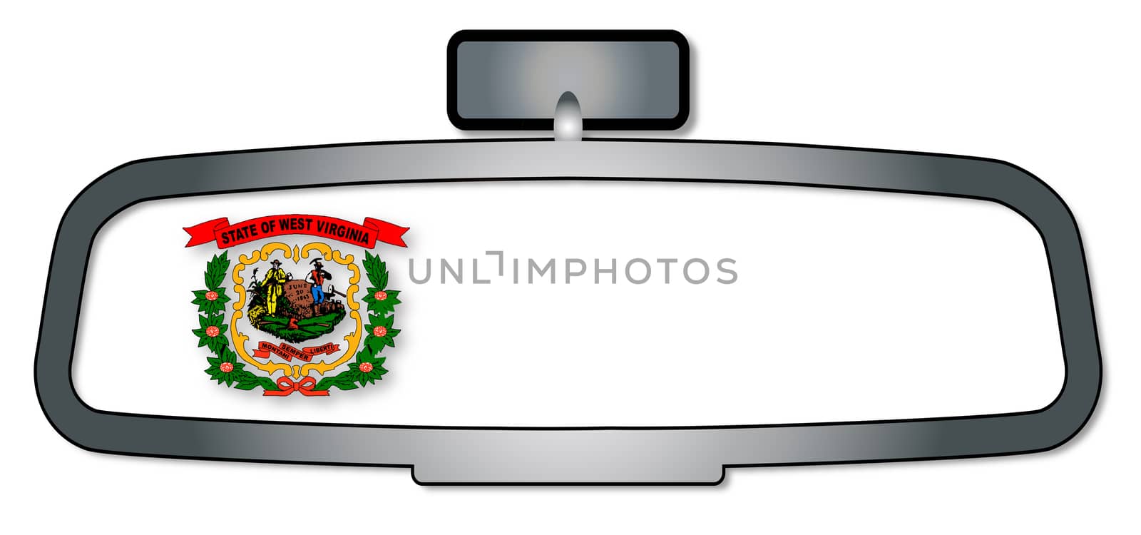 A vehicle rear view mirror with the flag of the state of West Virginia