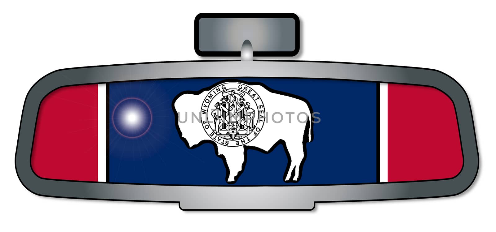 A vehicle rear view mirror with the flag of the state of Wyoming
