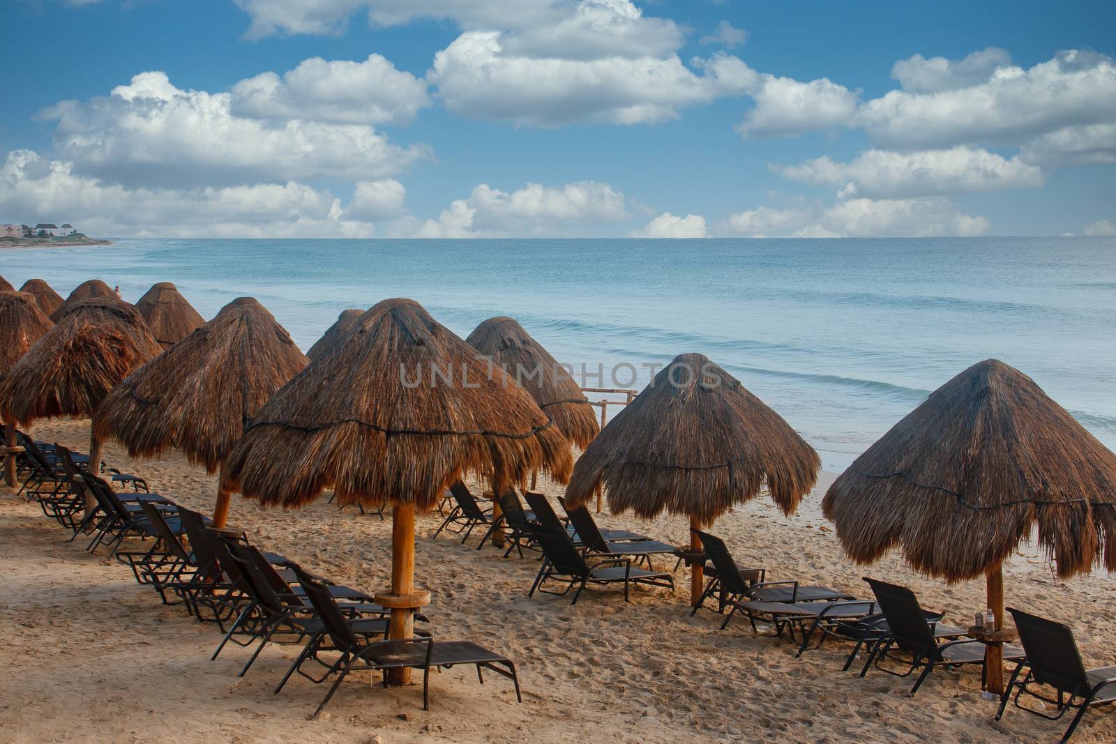 Thatch Umbrellas on a Tropical Beach by dbvirago