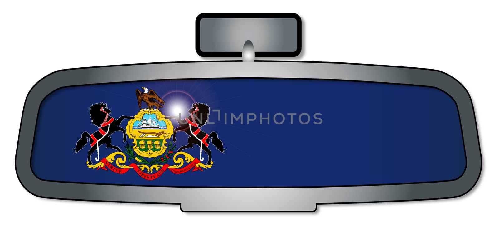 A vehicle rear view mirror with the flag of the state of Pennsylvania