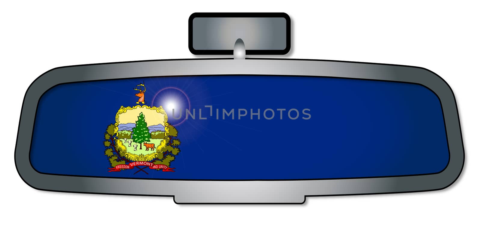 A vehicle rear view mirror with the flag of the state of Vermont