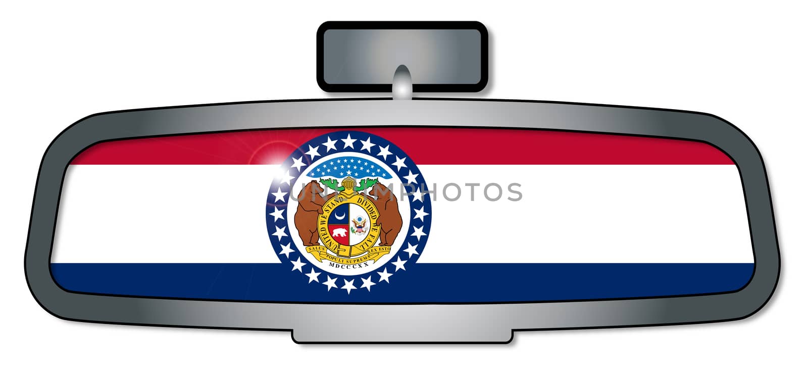 A vehicle rear view mirror with the flag of the state of Missouri