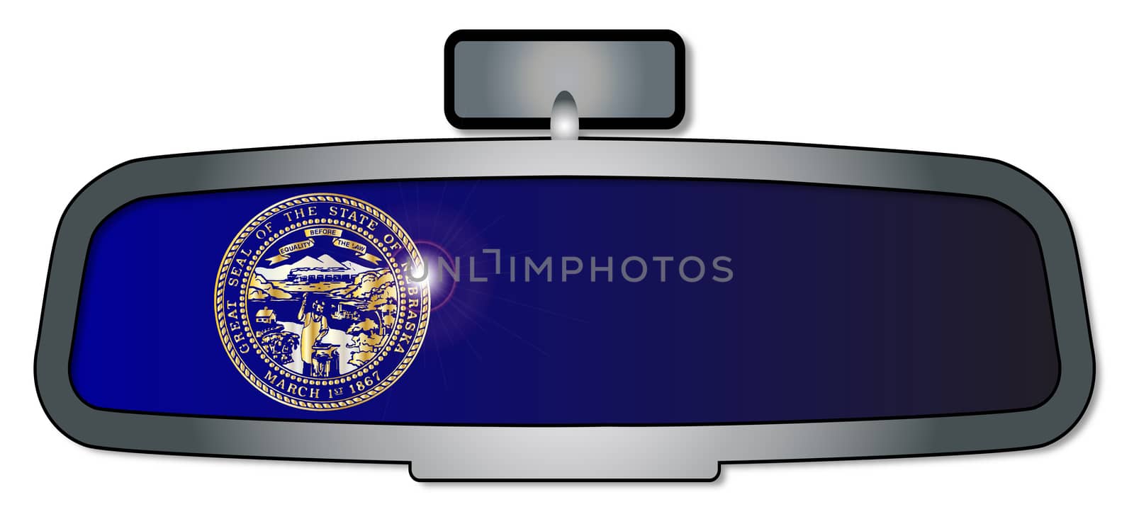 A vehicle rear view mirror with the flag of the state of Nebraska