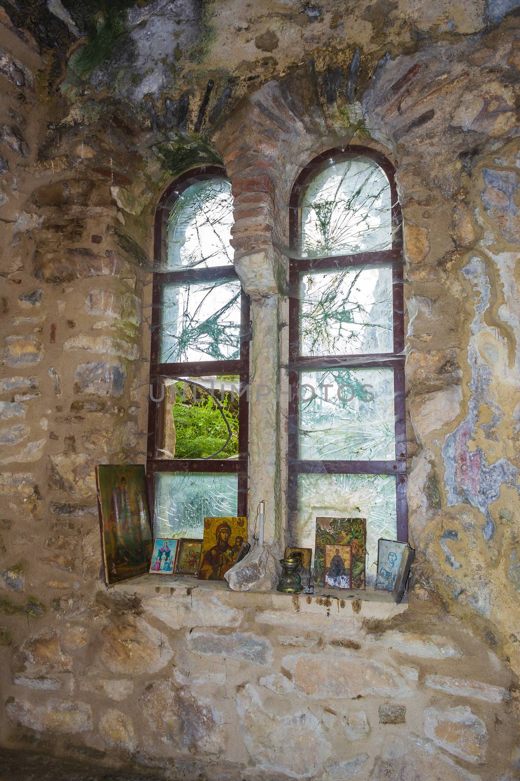 Inside the monastery enclosed by Davelis cave in Penteli, a mountain to the north of Athens, Greece.