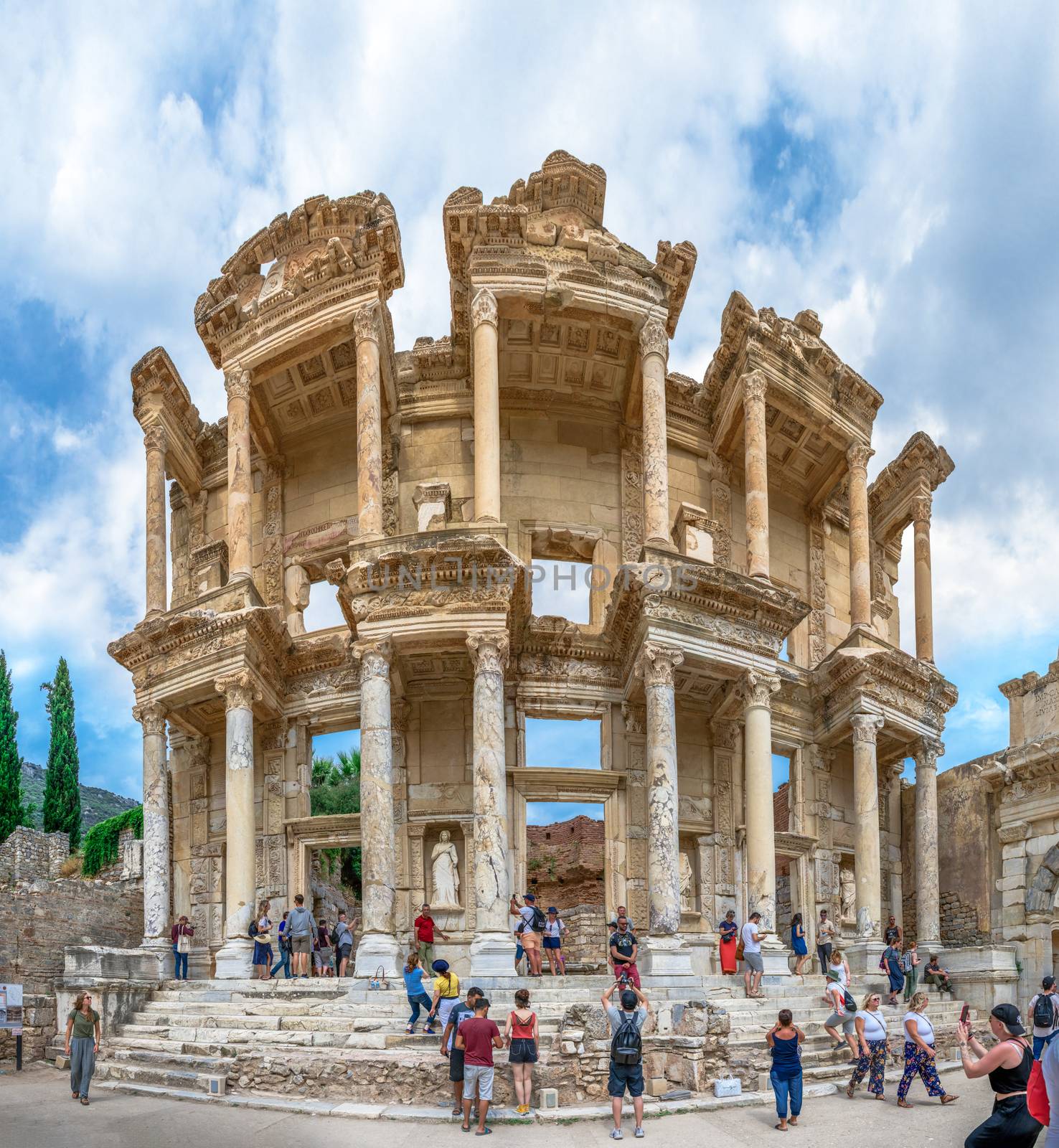 Ephesus, Turkey – 07.17.2019. Ephesus Library of Celsus in antique city on a sunny summer day