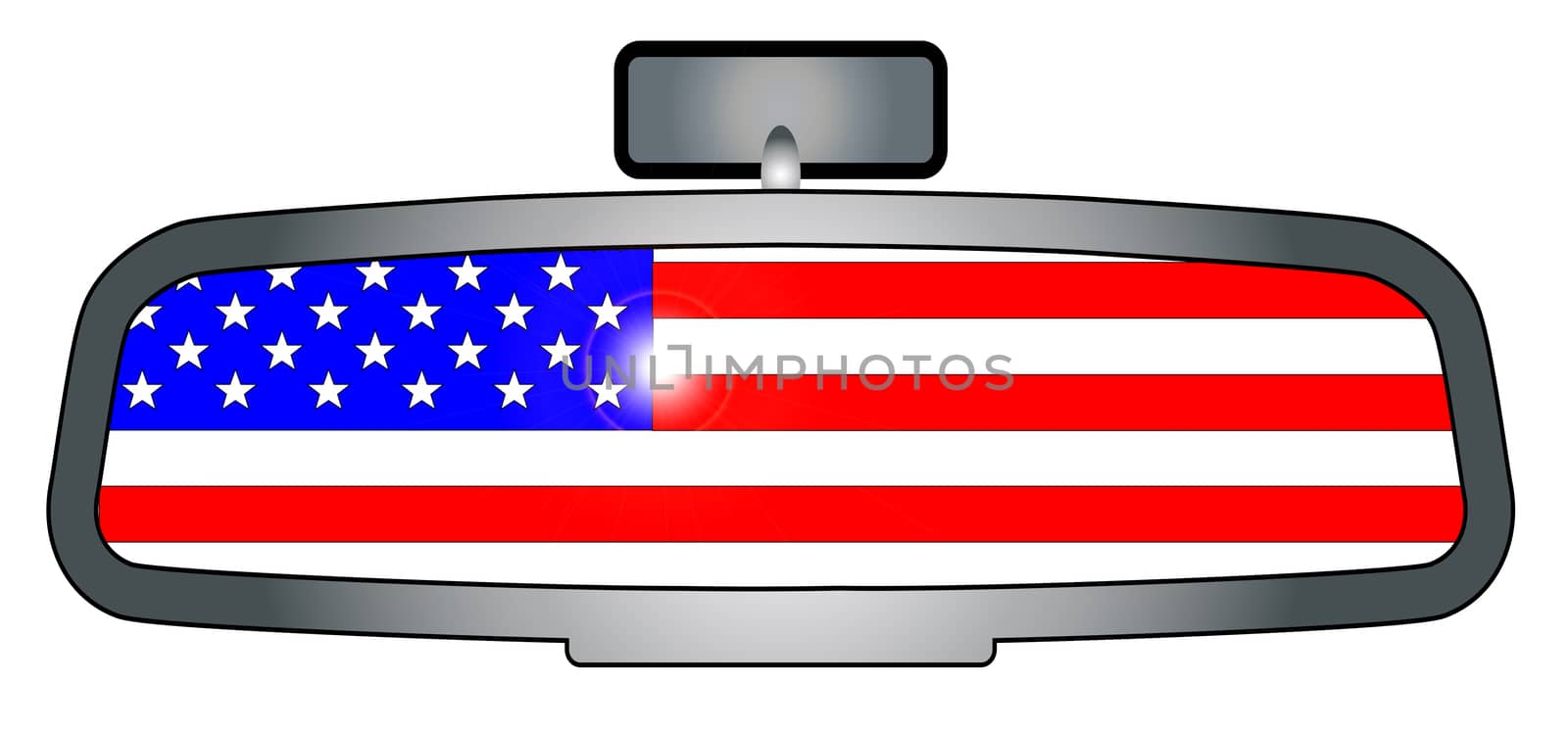 A vehicle rear view mirror with the flag of the United States of America
