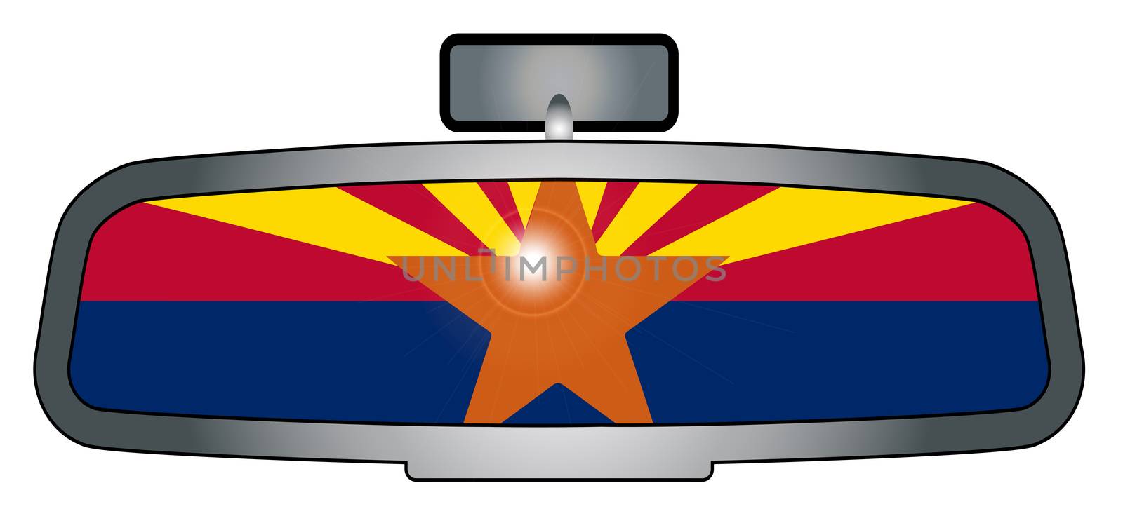 A vehicle rear view mirror with the flag of the state of Arizona