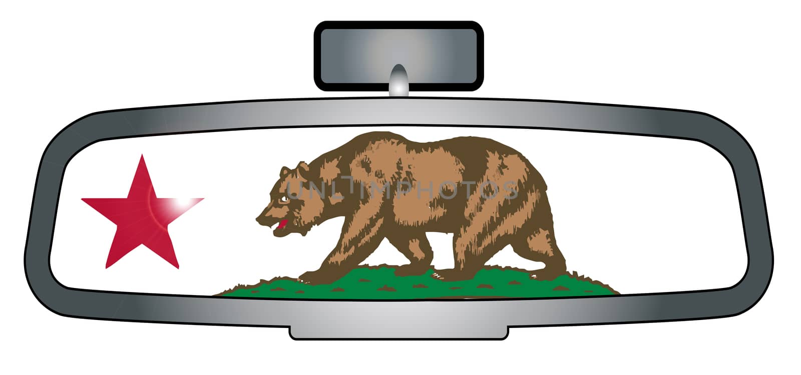 A vehicle rear view mirror with the flag of the state of California