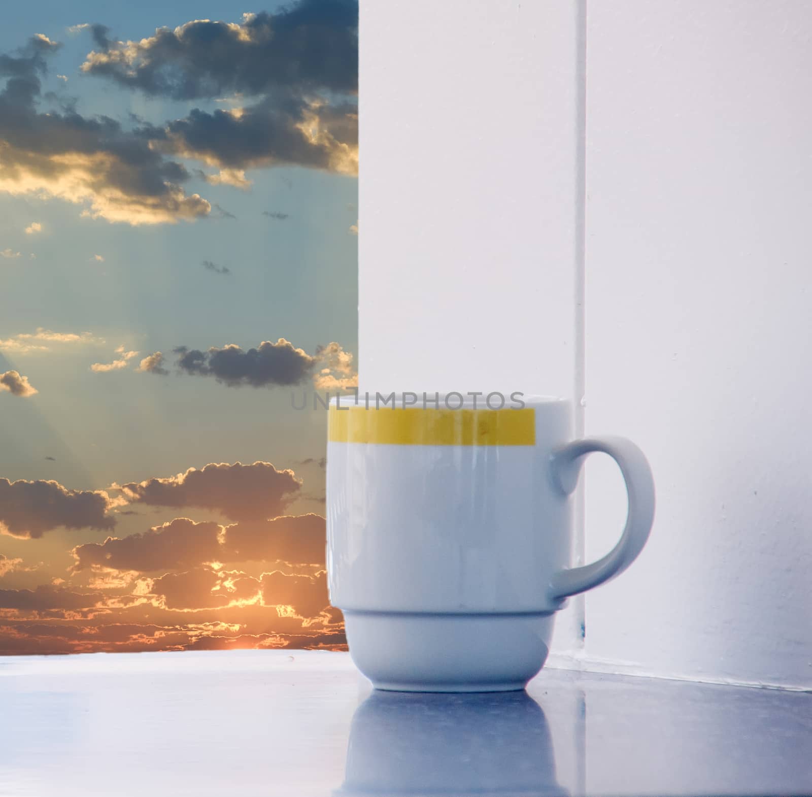 A white porcelain coffee cup sitting on a table on a sunny patio at sunrise