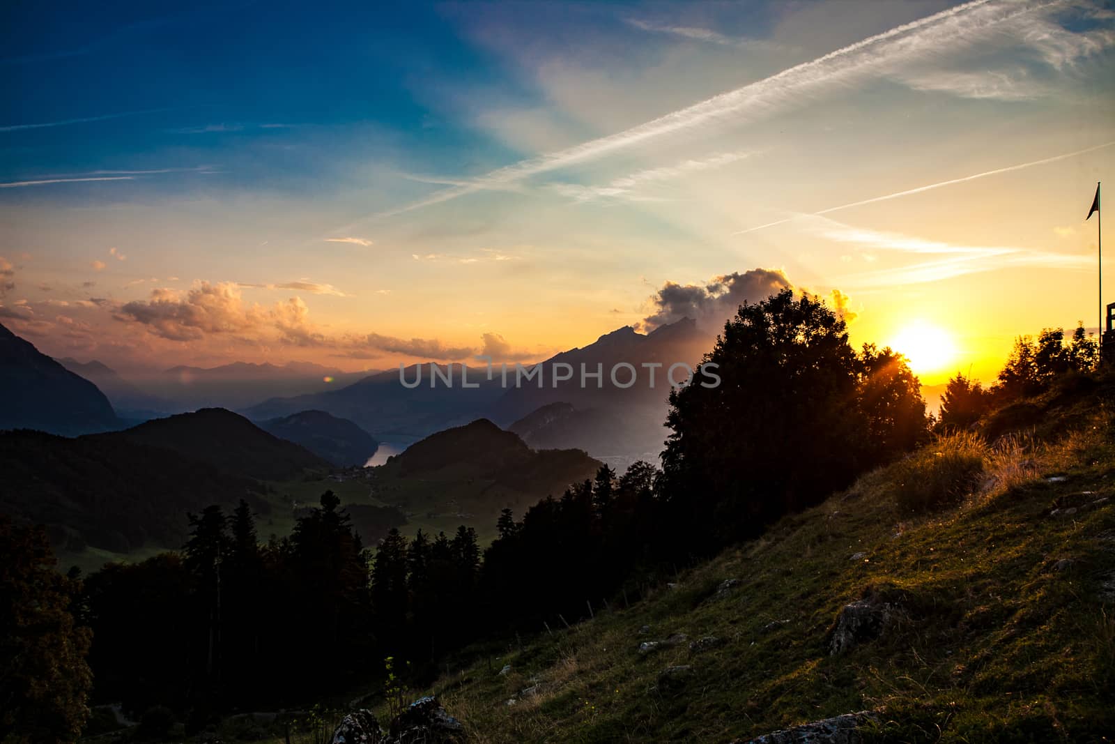 Sunset in the mountains near Luzernt. Mount Buergenstock. dark twilight