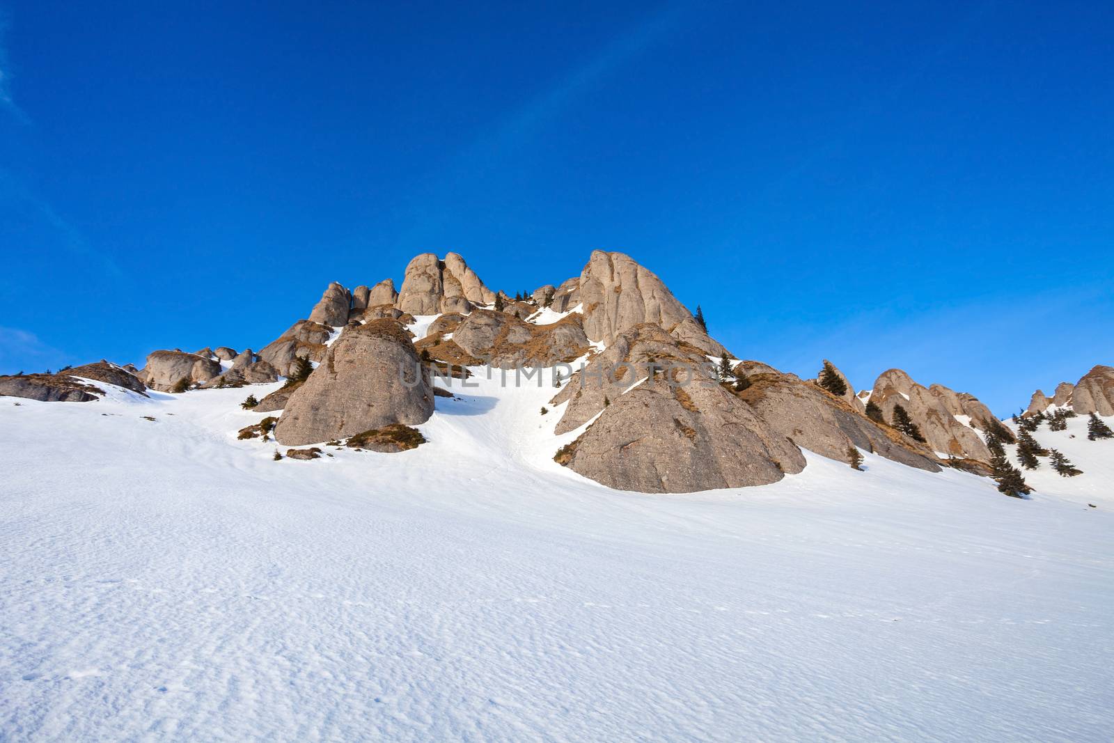 Panoramic view of Mount Ciucas peak at a sunset on winter, part of Romanian Carpathian Range