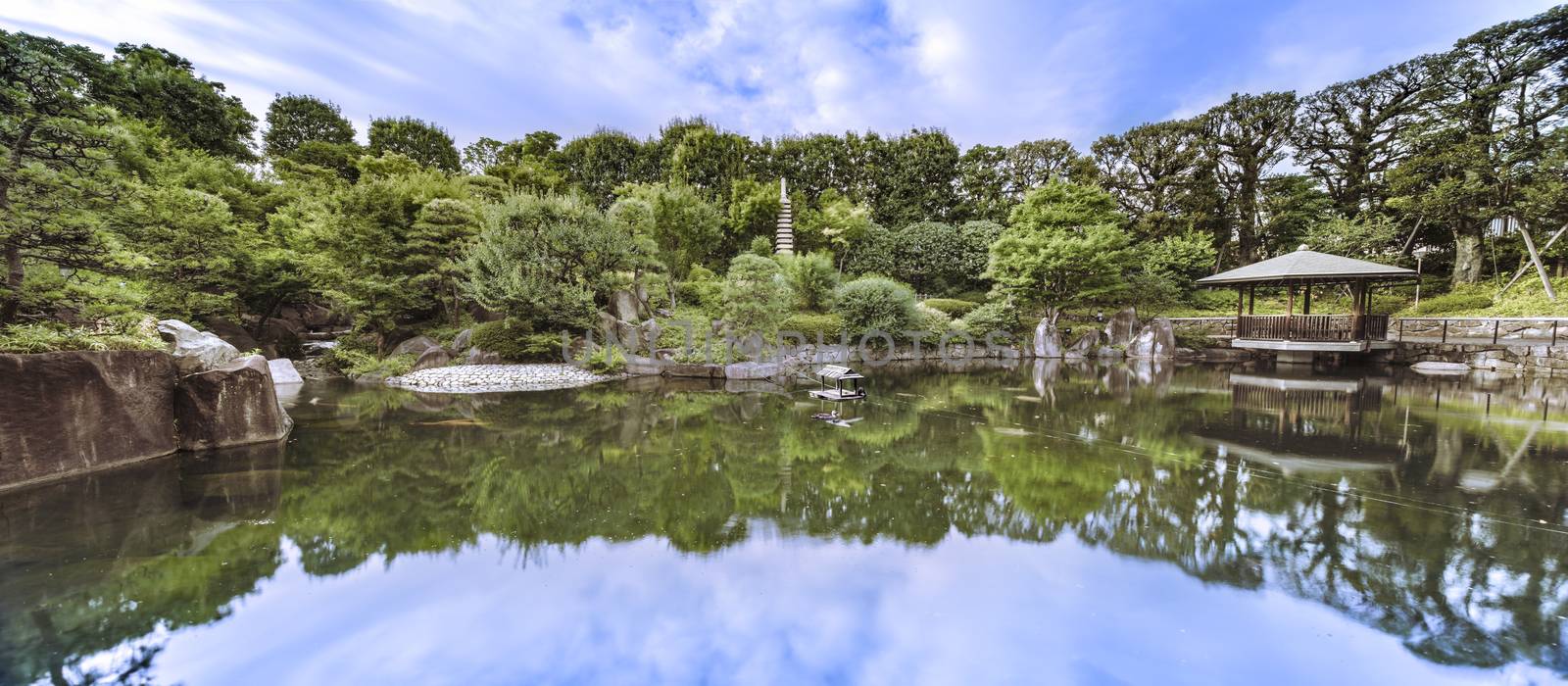 Hexagonal Gazebo Ukimido in the central pond of Mejiro Garden by kuremo